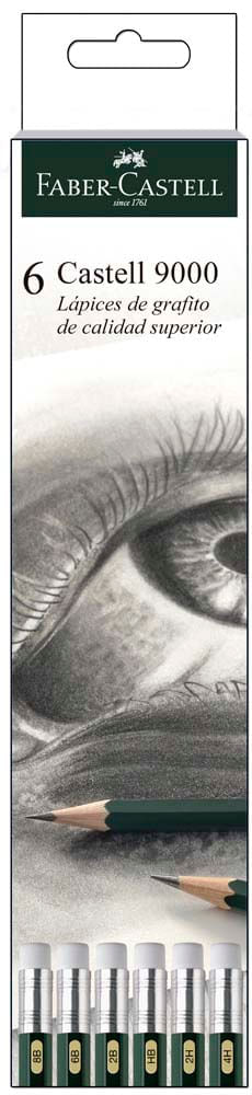 Caja con 6 lápices graduados y y grados de mina Faber Castell (HB- 2H-4H- 2B-6B-8B)