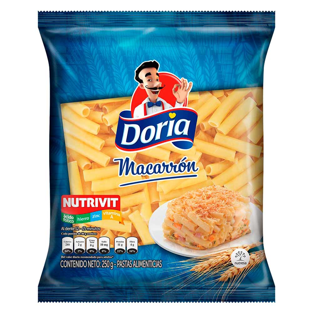 Pasta Clásica Macarrón Corto Doria x 250 g.