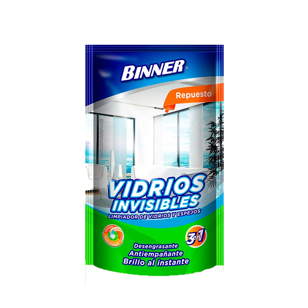 Limpiador Binner vidrios invisible 3 en 1 liquido repuesto x500ml