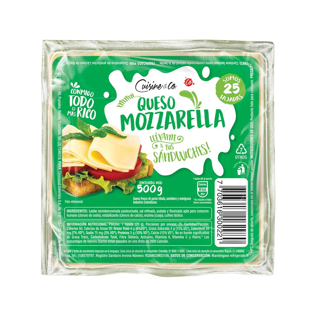 Queso mozzarella Cuisine&Co 25 tajadas x500g