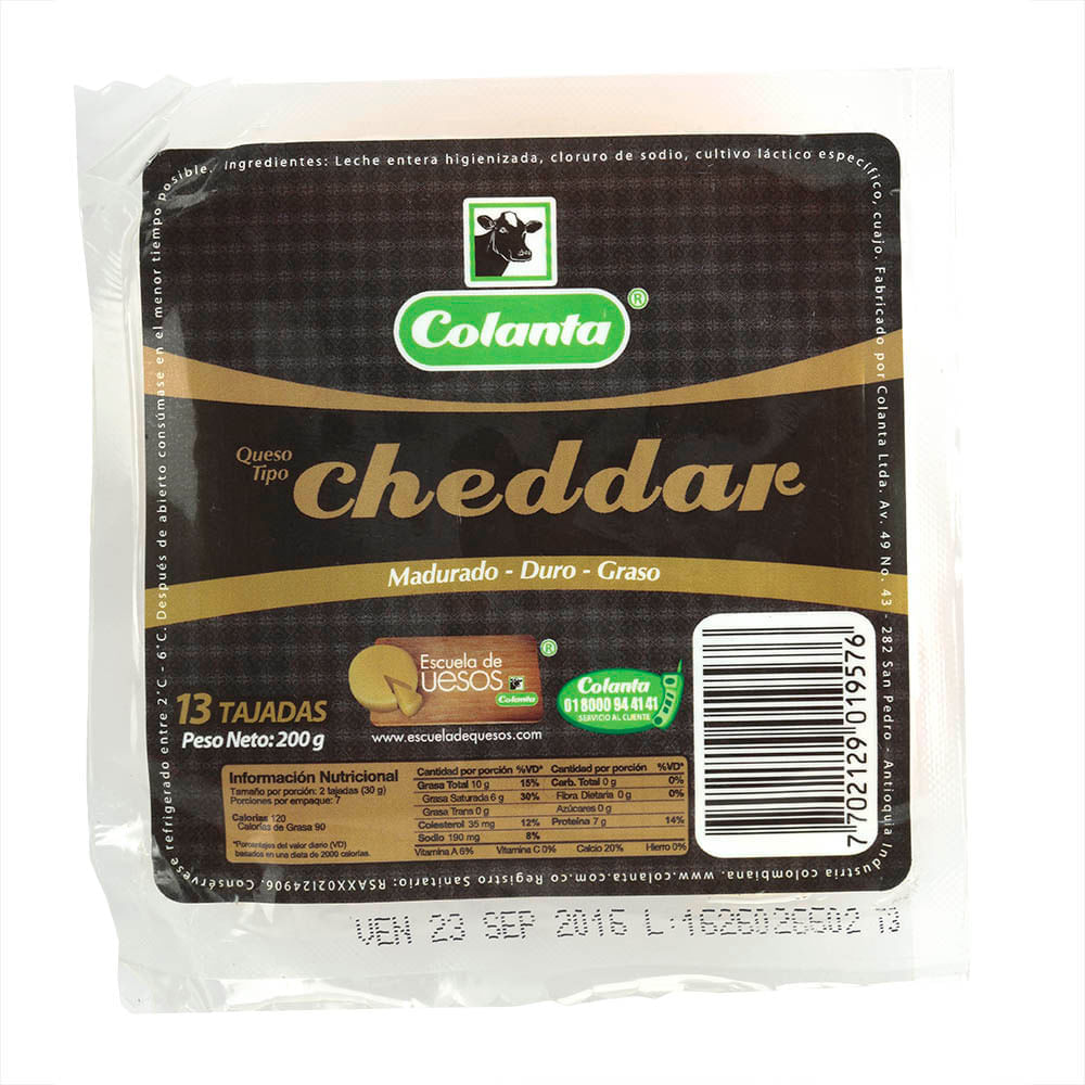 Queso cheddar tajado x 200 g colanta
