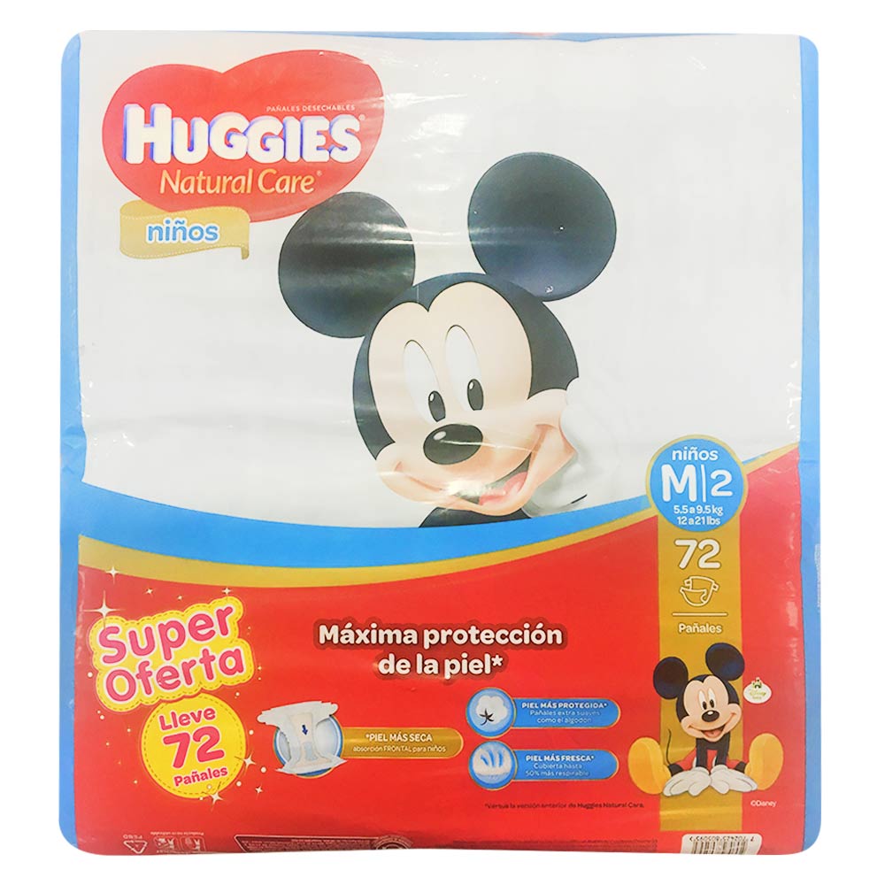 Pañales natural care niños m Huggies x 72 unds extra contenido