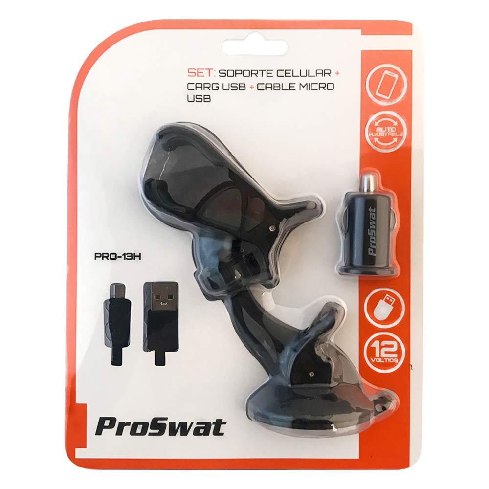 Set Soporte celular succion+cargador usb+cable micro usb / proswat pro 13h