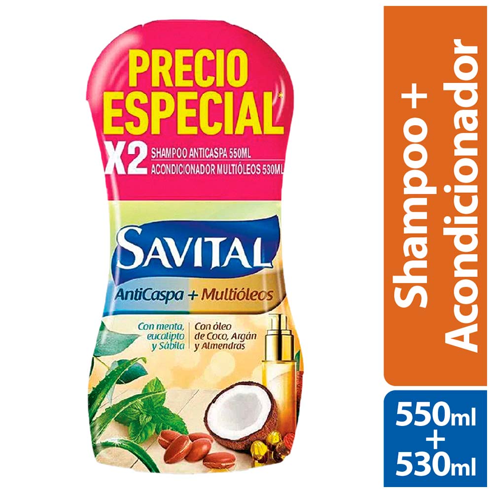 Shampoo Savital anticaspa x550ml + acondicionador multioleos x530ml