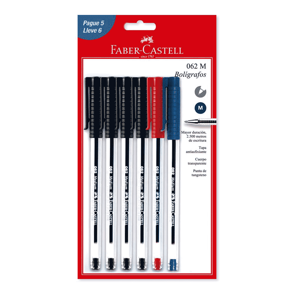 Boligrafo blíster Faber Castell x6un (4 negros-1 rojo-1 azul)