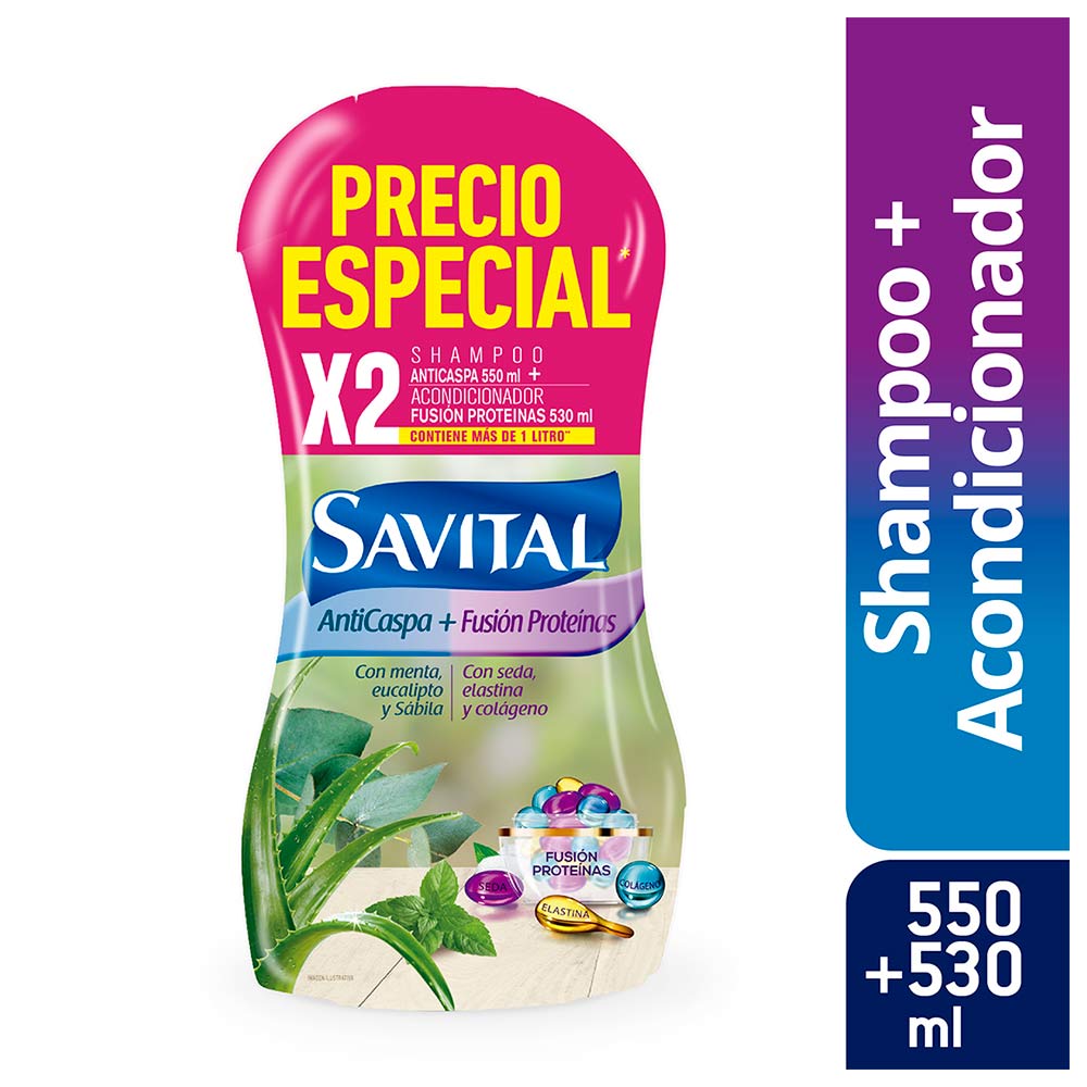 Shampo Savital anticaspa x550ml + acondicionador fusión proteinas x530ml