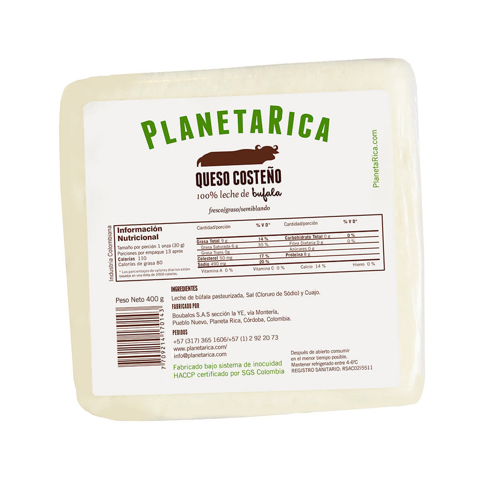 Queso costeño Planeta Rica búfala x400g