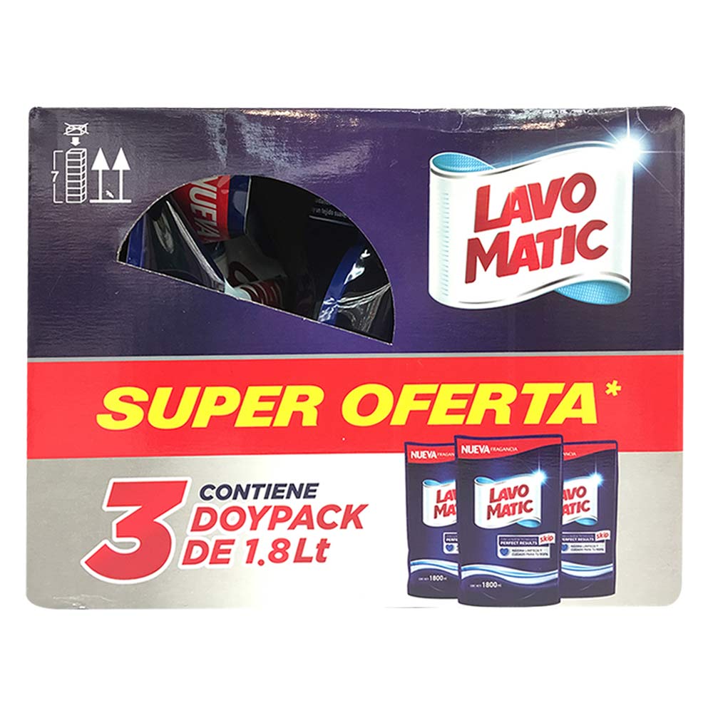 Detergente Lavomatic doypack liquido x 3 und x 1.8L c-u promoción especial