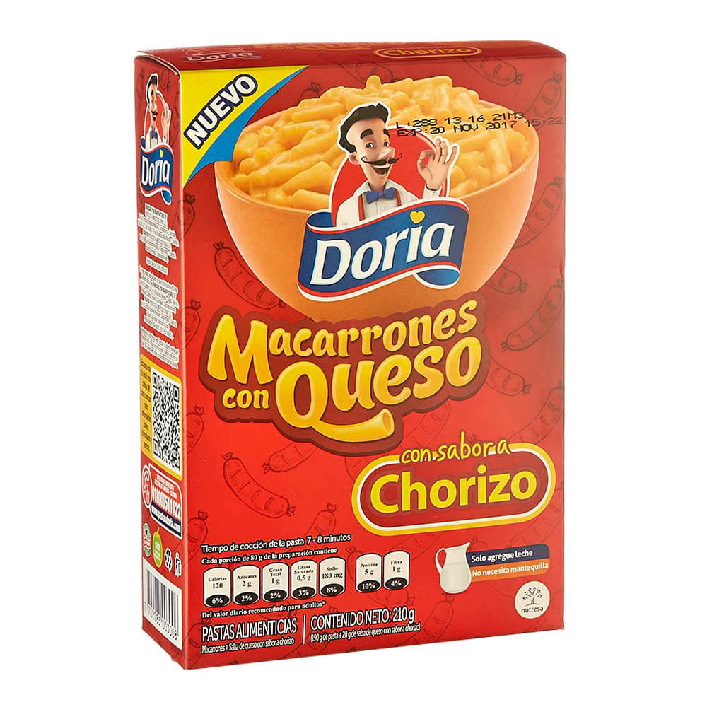 Pasta macarro queso chorizo Doria x 210g.