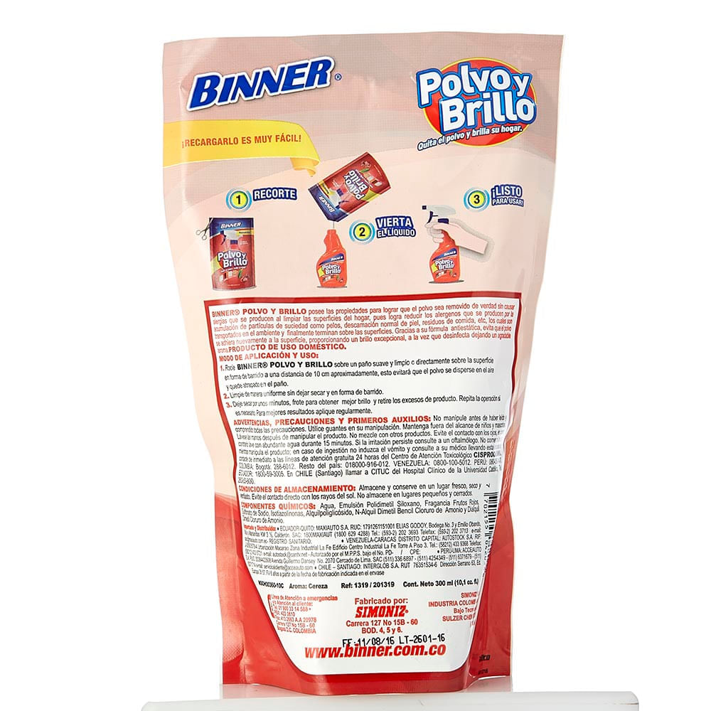 Limpiador Binner polvo brillo cereza liquido repuesto x 300ml