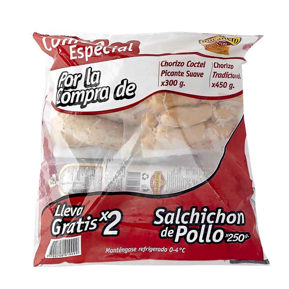 Combo Bucanero chorizo coctel x300g + tradicional x450g gratis Salchichón x2und x250g