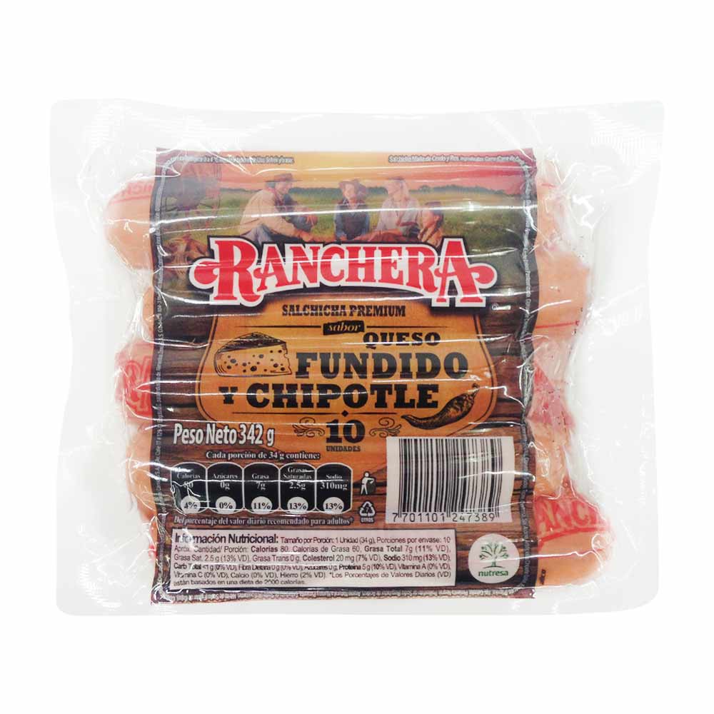 Salchicha Ranchera Premium queso fundido y chipolote x10und x342g