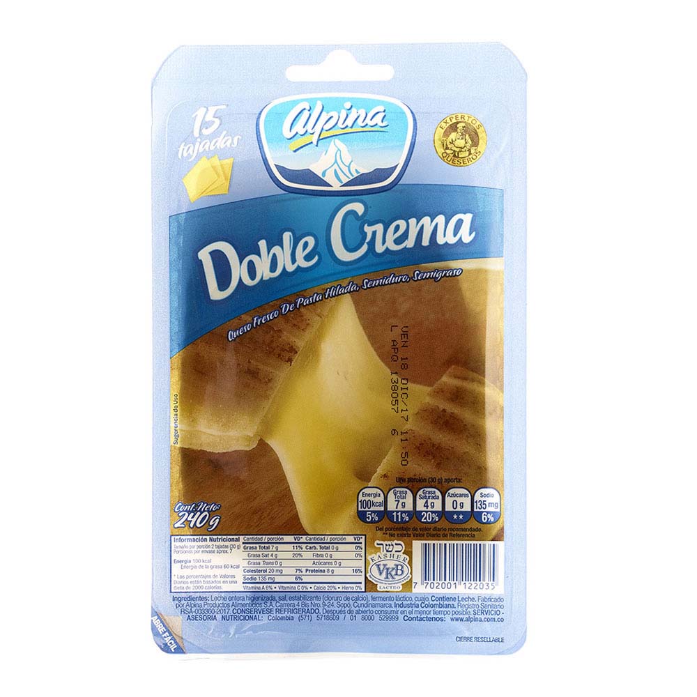 Queso doble crema Alpina 15 tajadas x240g
