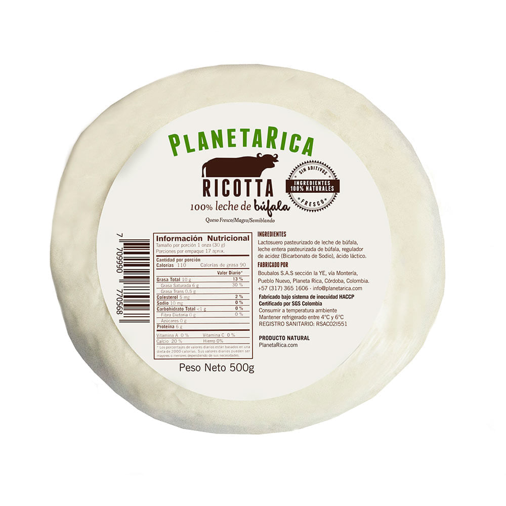Queso ricotta Planeta Rica búfala x500g