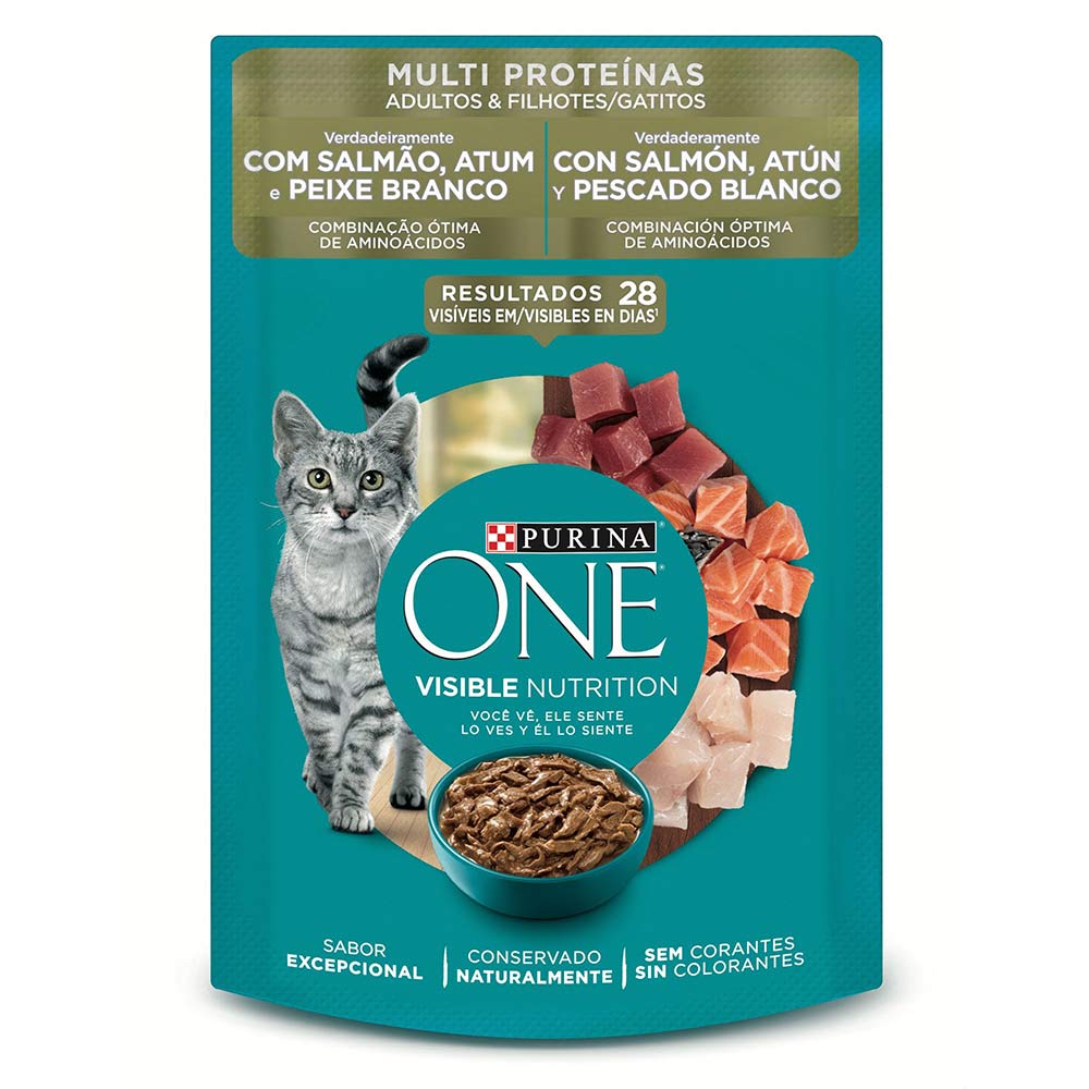Alimento húmedo para gatos Purina One Adultos y Gatitos salmón atún y pescado blanco x85g