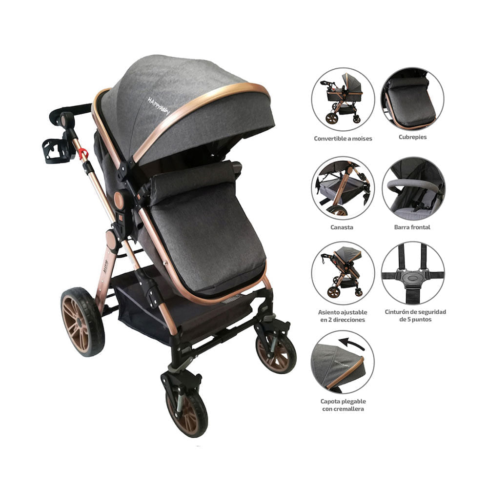 Coche Bebe Tipo Moises Alizze Gris Happy Baby