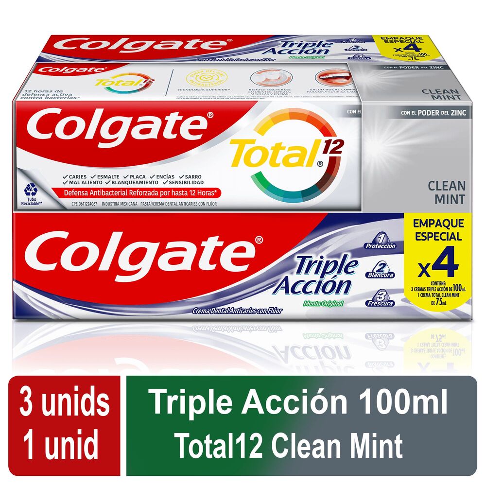 Crema Dental Colgate Triple Accion x100ml x3 + Crema Total 12