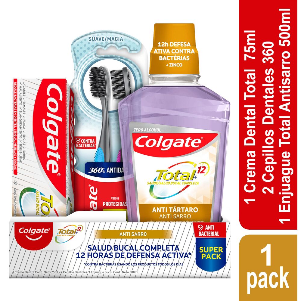 Enjuague bucal Colgate Total 12 Anti Sarro + Cepillos 360 x2und + Crema dental