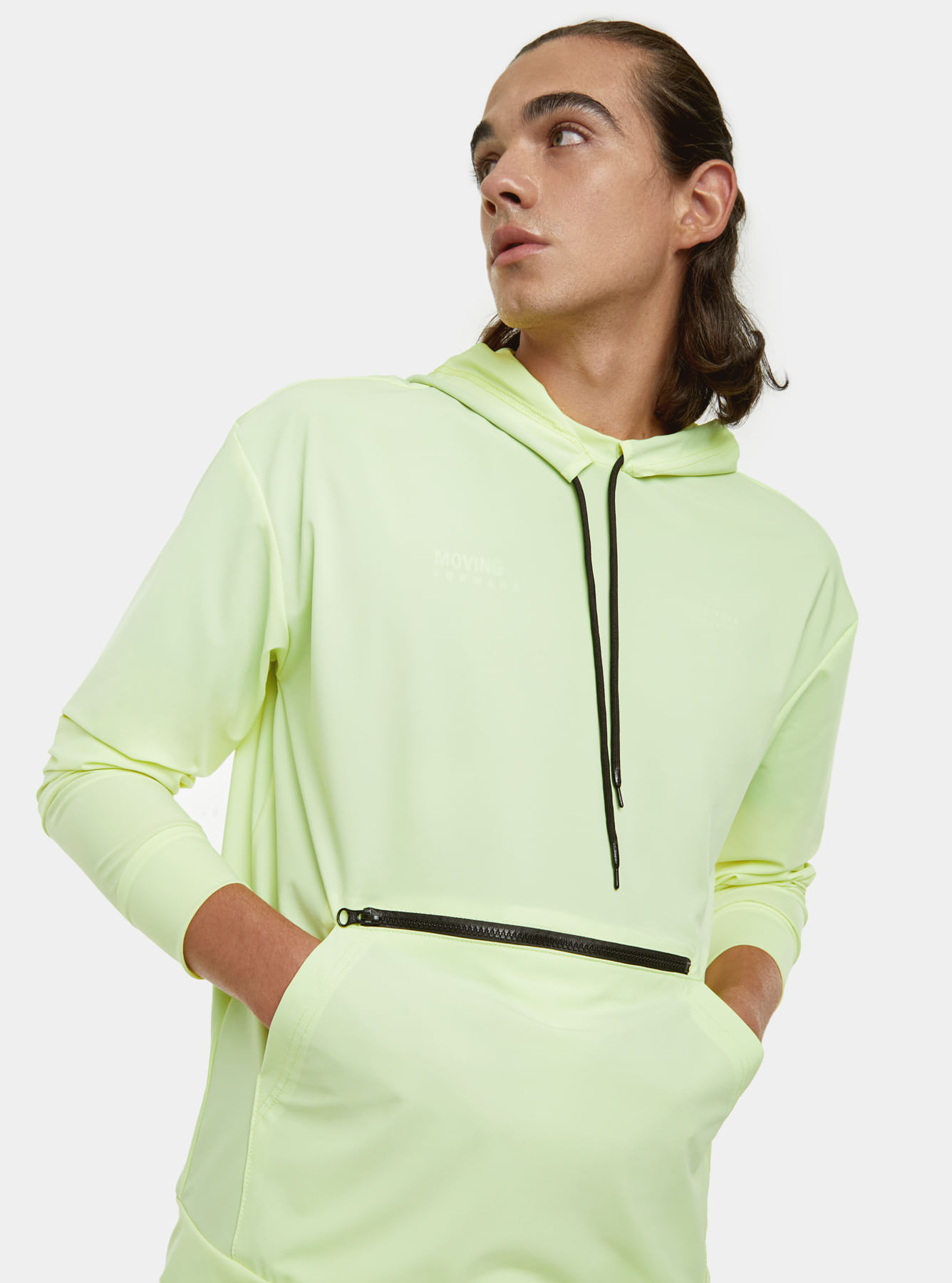 Buzo Hoodie Cerrado Bolsillo con Llera en Frente Capota y Cordón Ajustable Hombre Verde
