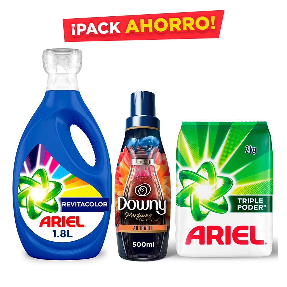 Detergente Ariel x1.2L + Ariel Polvo x2kg + Suavizante Downy x500ml