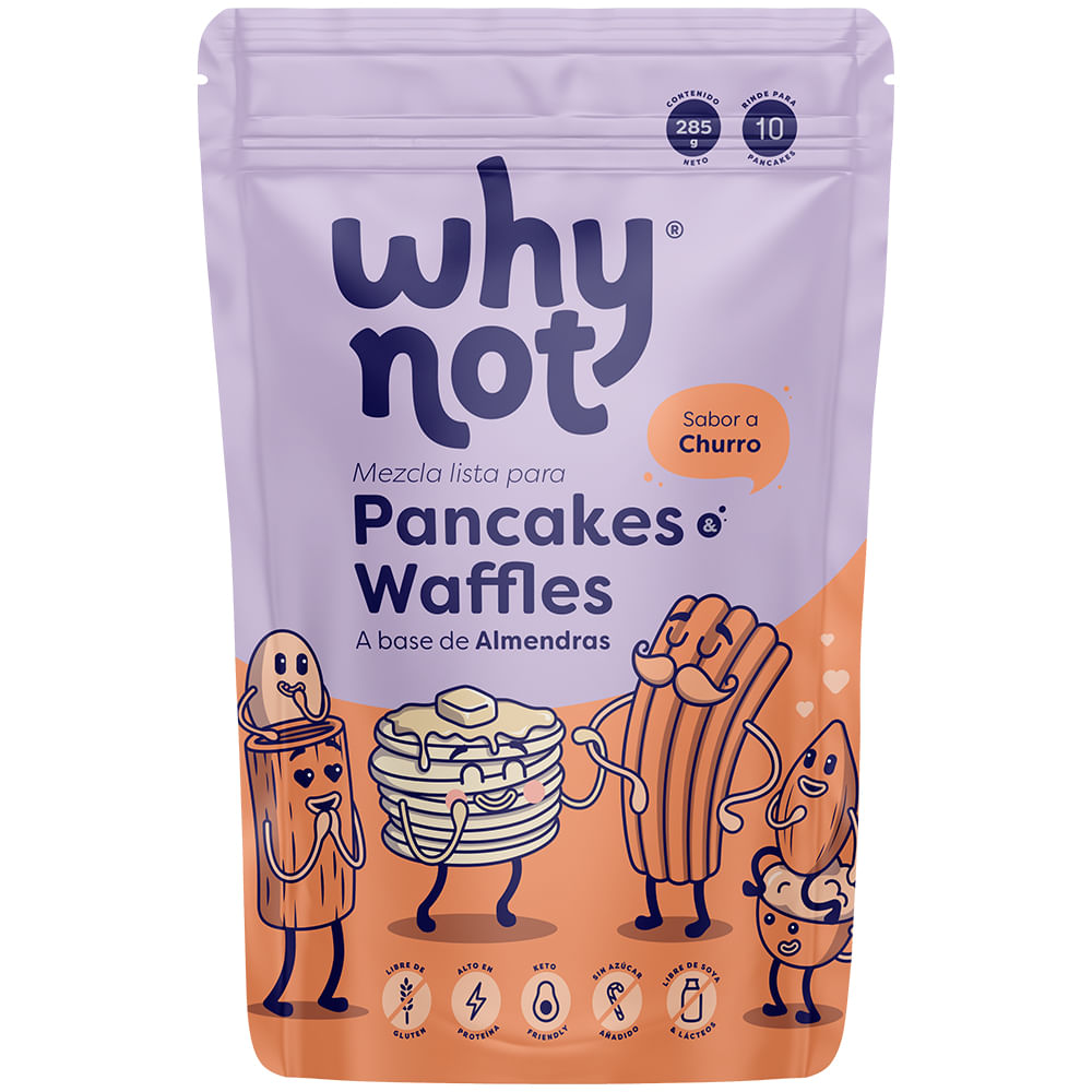 Mezcla Why Not pancakes waffles base de almendras sabor churro x285g