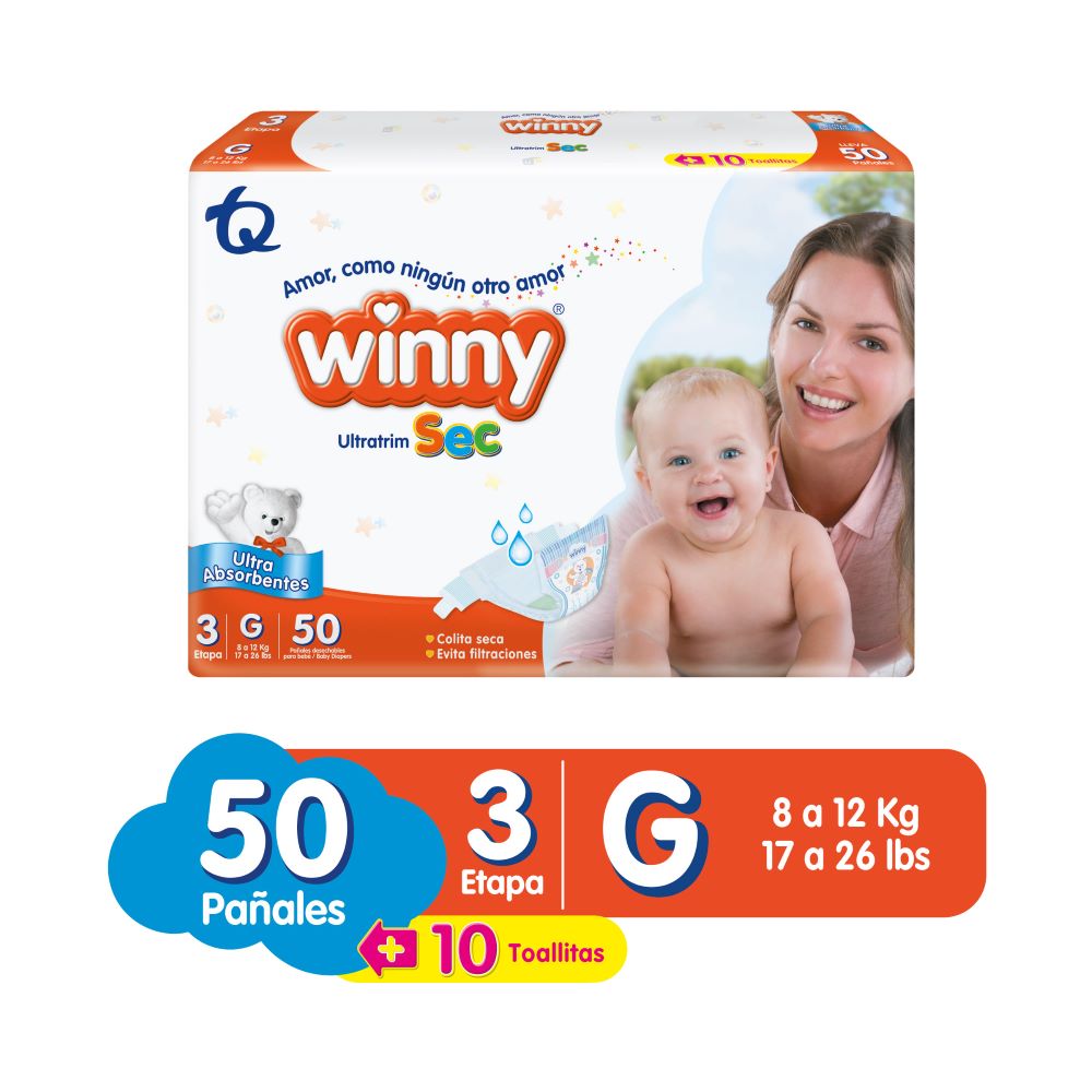 Pañales Winny Sec etapa 3 x50und + toallitas Aloe x10und