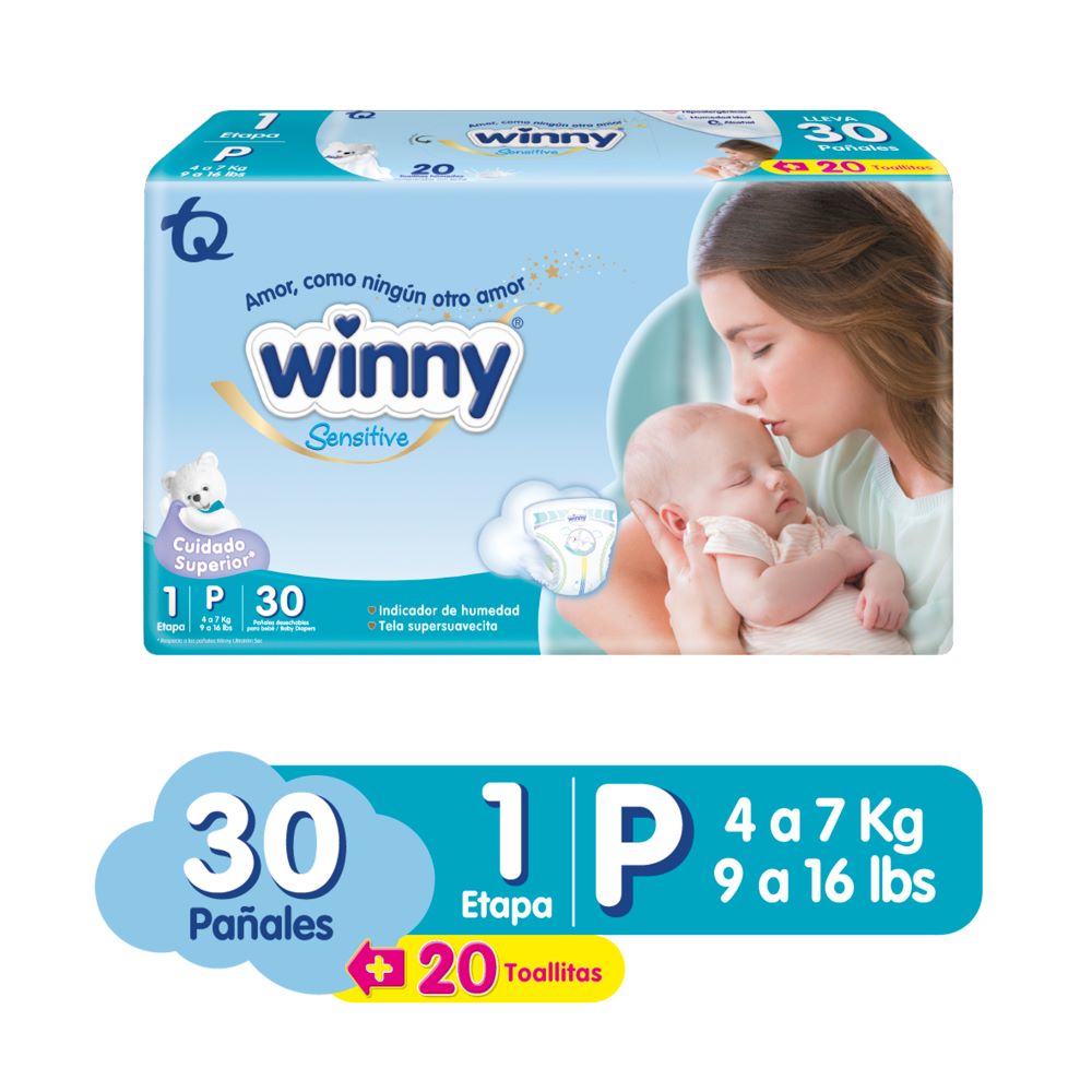 Pañales Winny Sensitive Gold etapa 1 x30und + toallitas recién nacido x20und