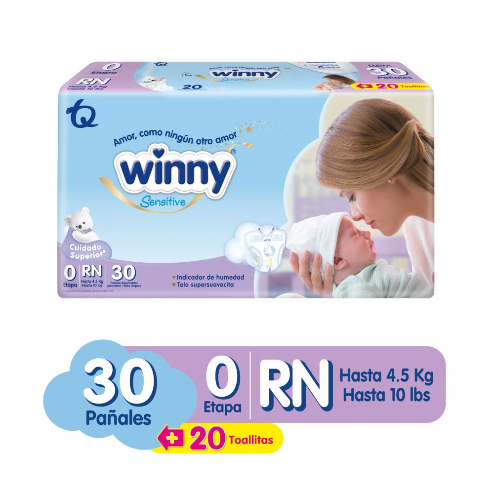 Pañales Winny Sensitive Gold etapa 0 x30und + toallitas recién nacido x20und