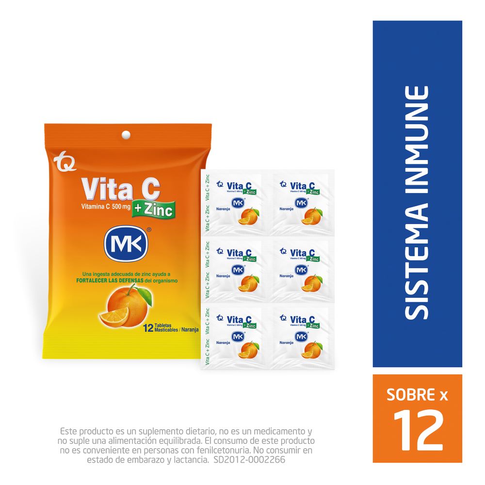 Vitamina C + Zinc MK x500mg naranja sobre 12 tabletas masticables