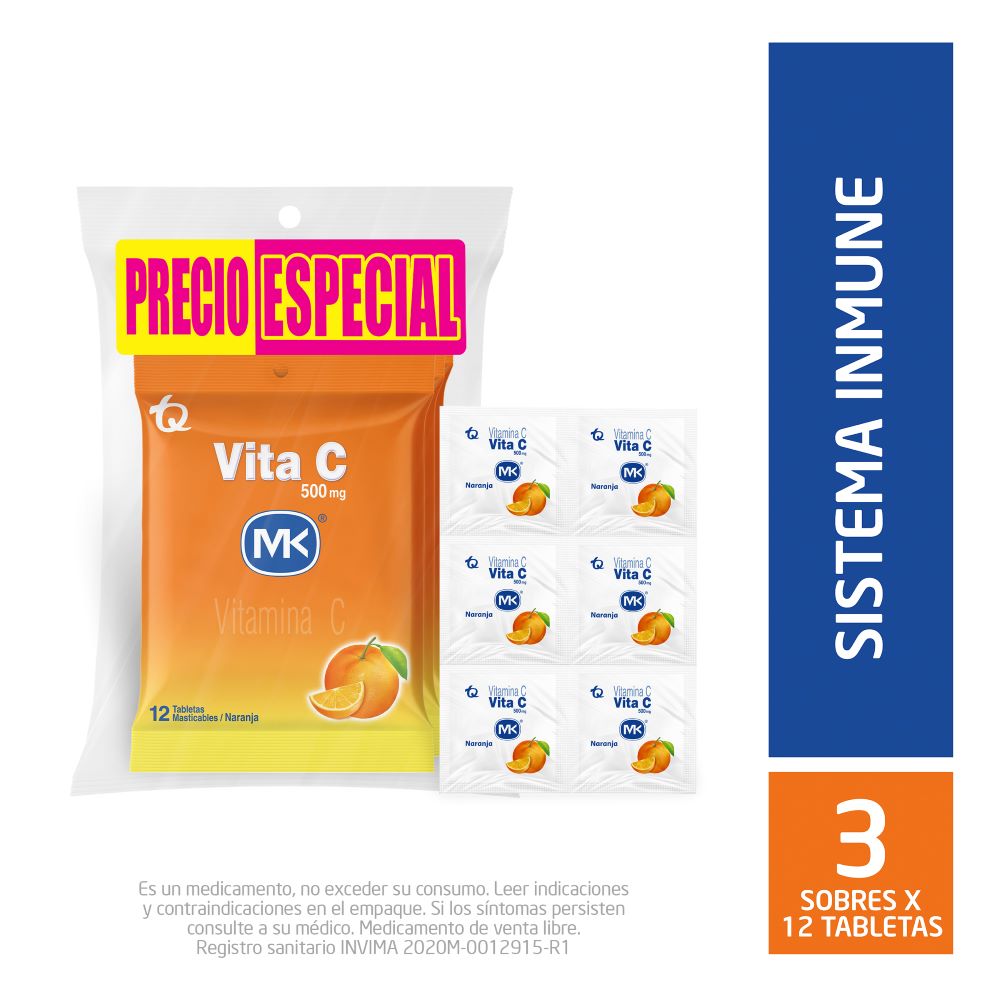 Vita C MK naranja x 3 sobres 12 tabletas masticables c-u