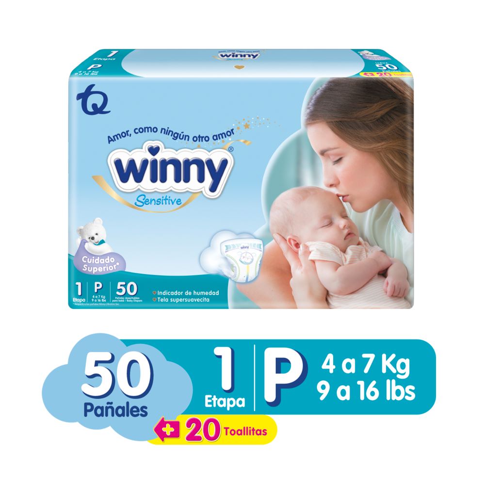 Pañales Winny Sensitive Gold etapa 1 x50und + toallitas recién nacido x20und