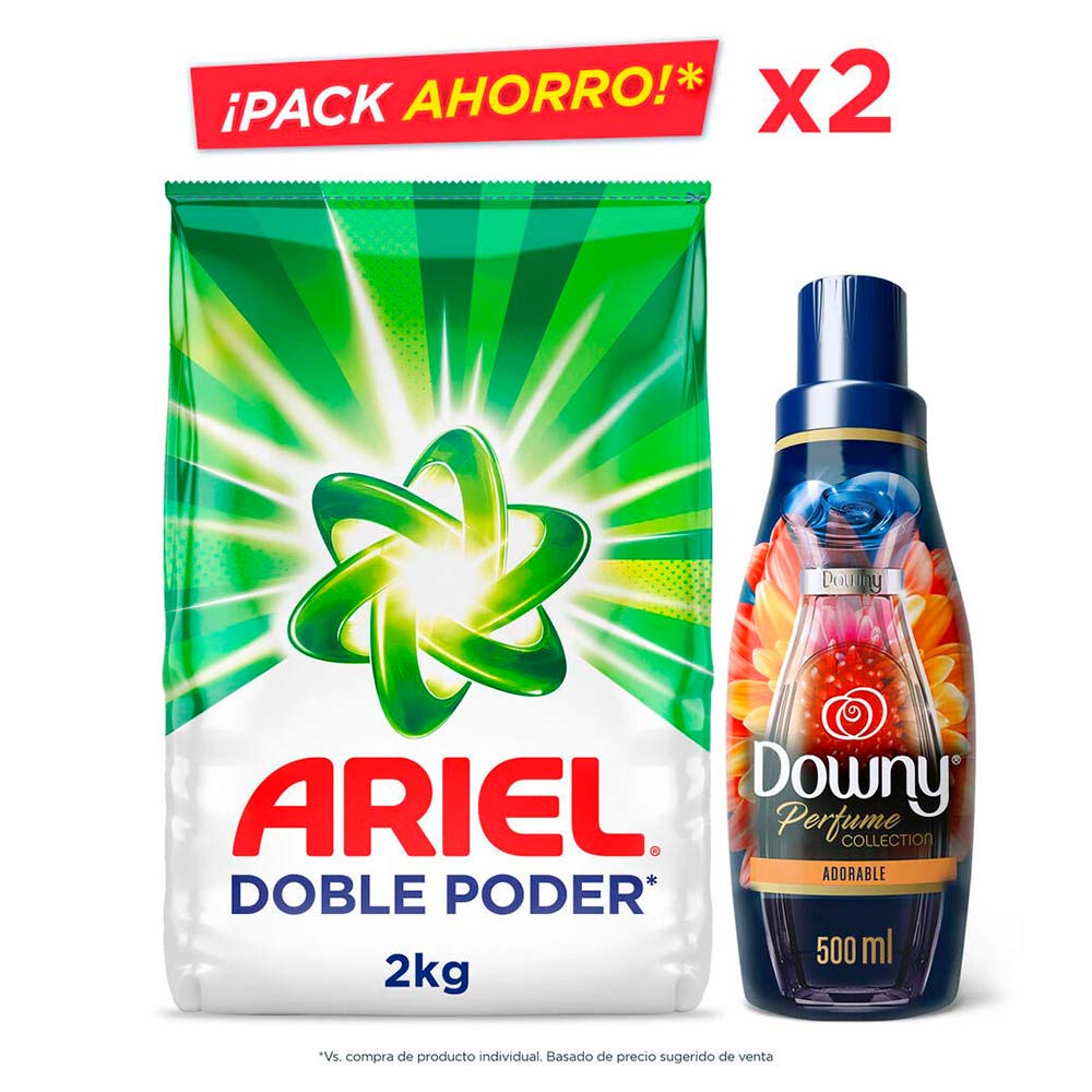detergente Polvo Ariel Doble Poder x2Kg + Downy Adorable 500ml