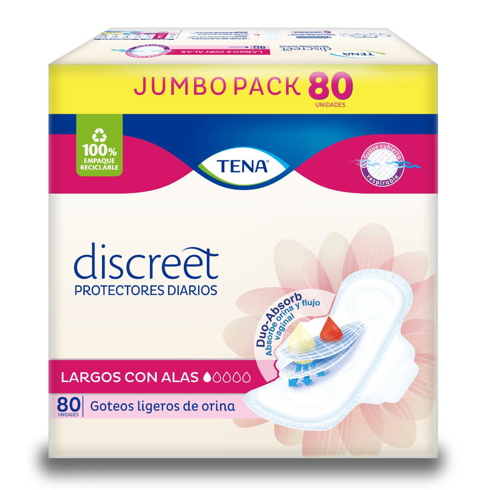 Protectores Tena Discreet largo con alas x80und