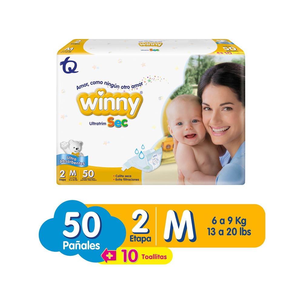 Pañales Winny sec etapa 2 x50und + toallitas aloe x20und