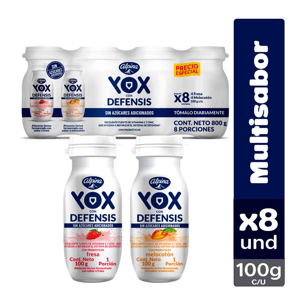 Alimento lácteo Yox Defensis sin azúcar surtido x8und x100g c-u