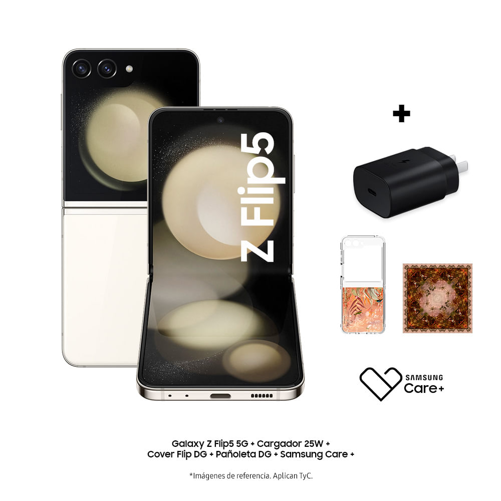 Celular Galaxy Z Flip5 5G + cargador 25W + cover DG + Samsung Care+ + Tarjeta de bienvenida