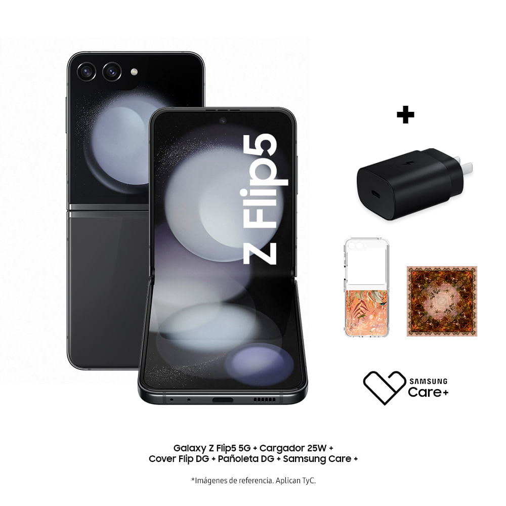 Celular Galaxy Z Flip5 5G + cargador 25W + cover DG + Samsung Care+ + Tarjeta de bienvenida