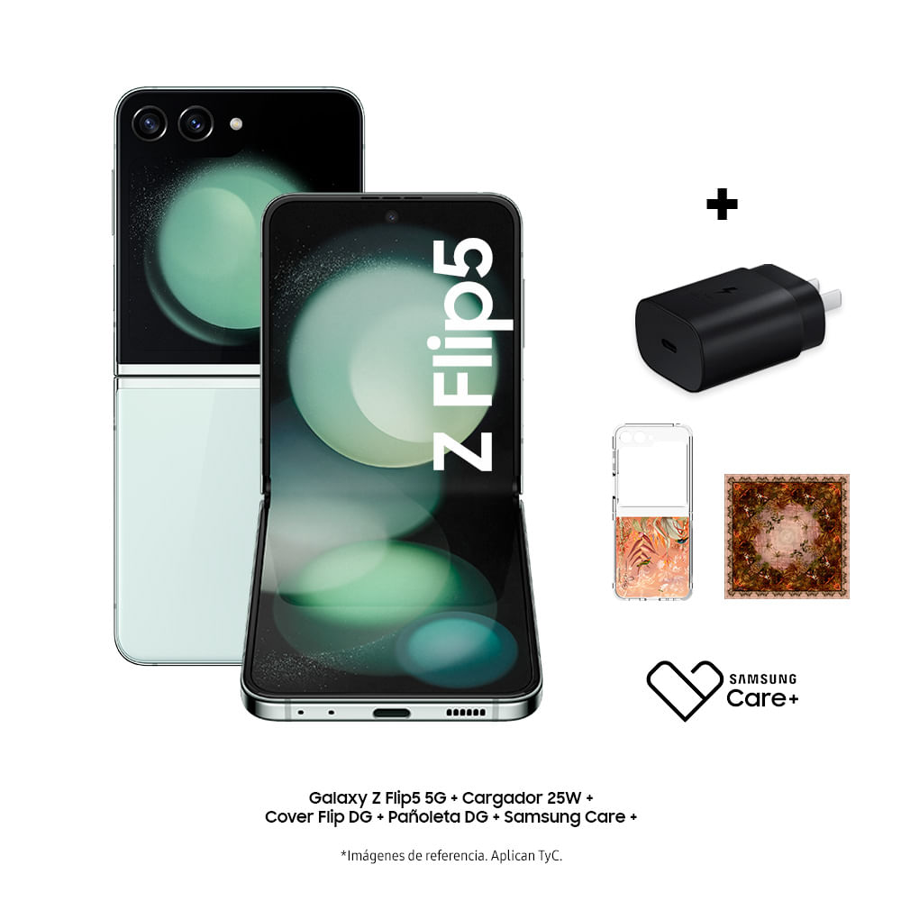 Celular Galaxy Z Flip5 5G + cargador 25W + cover DG + Samsung Care+ + Tarjeta de bienvenida