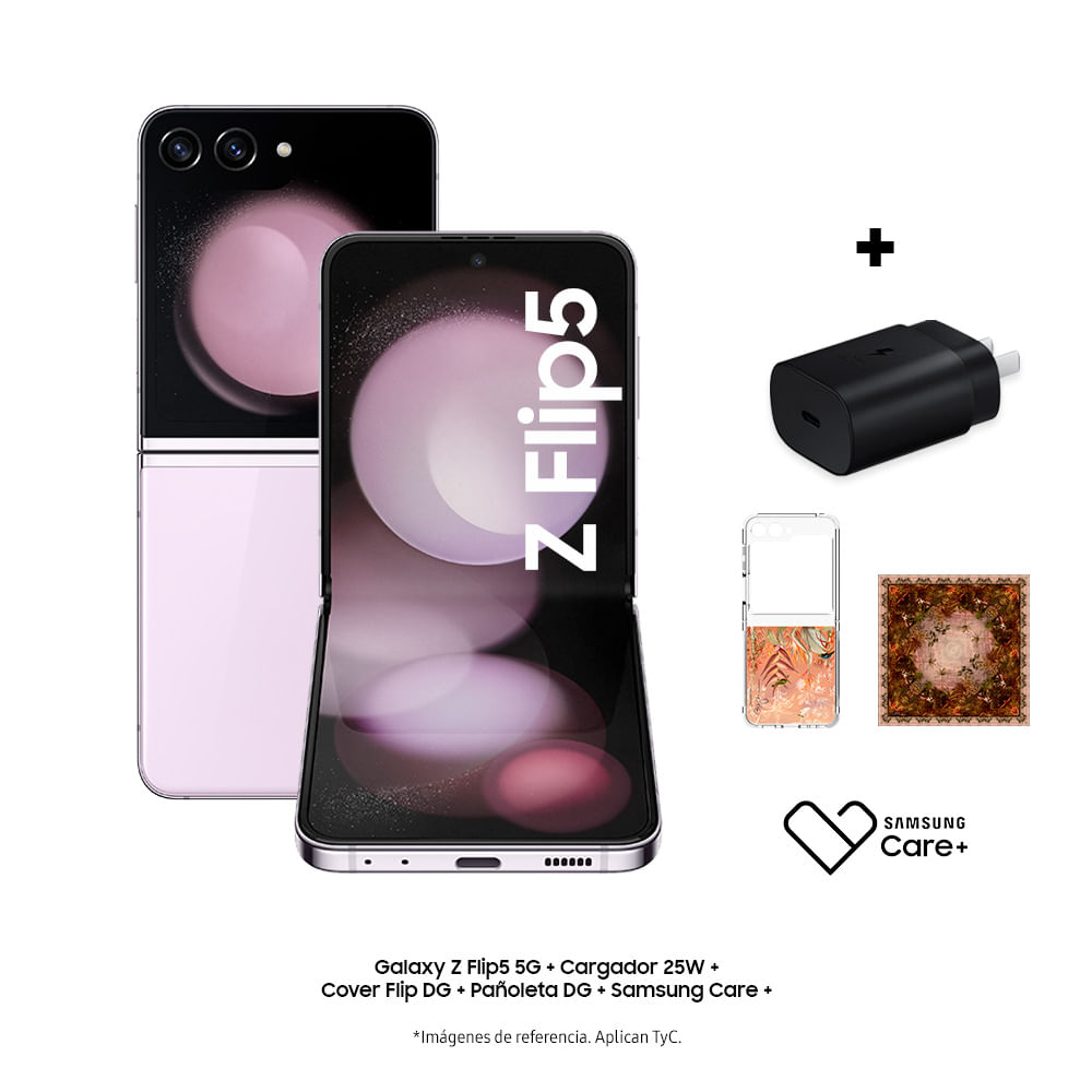 Celular Galaxy Z Flip5 5G + cargador 25W + cover DG + Samsung Care+ + Tarjeta de bienvenida