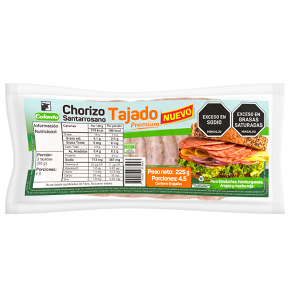 Chorizo Colanta santarrosano tajado x9und x225g