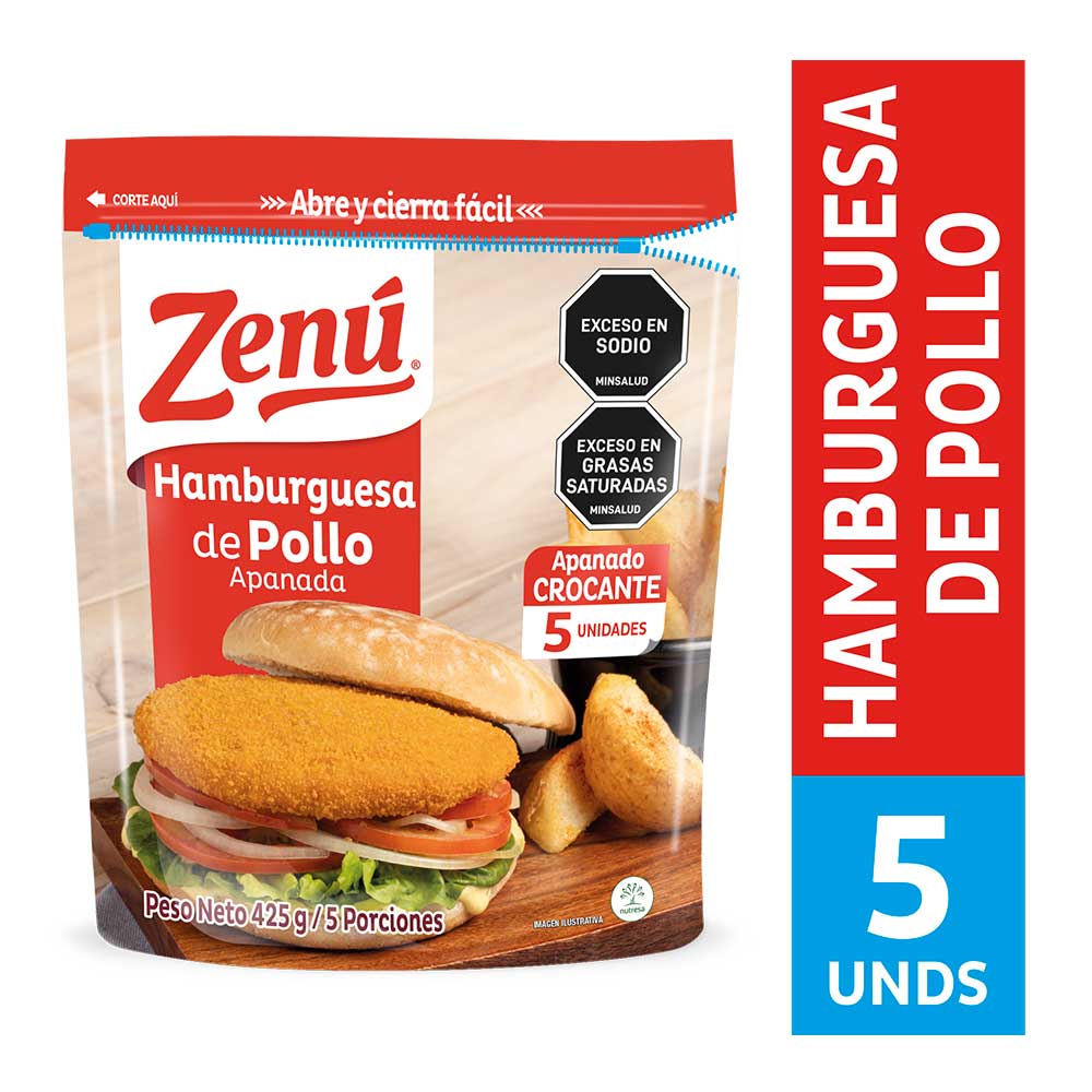 Hamburguesa Zenú pollo apanada x5und x425g pn
