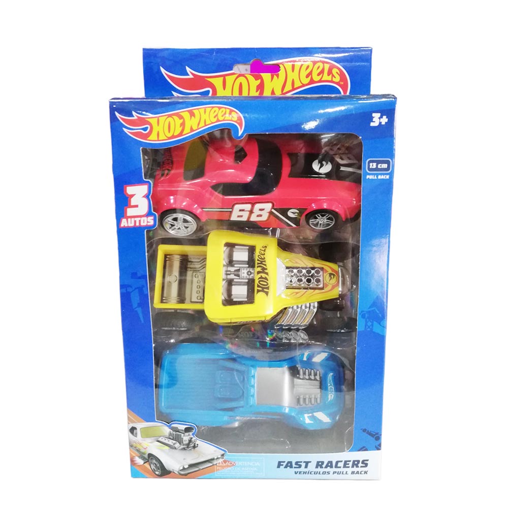 Set x3 Carros Pullback Fast Racer Hot Wheels 13cm