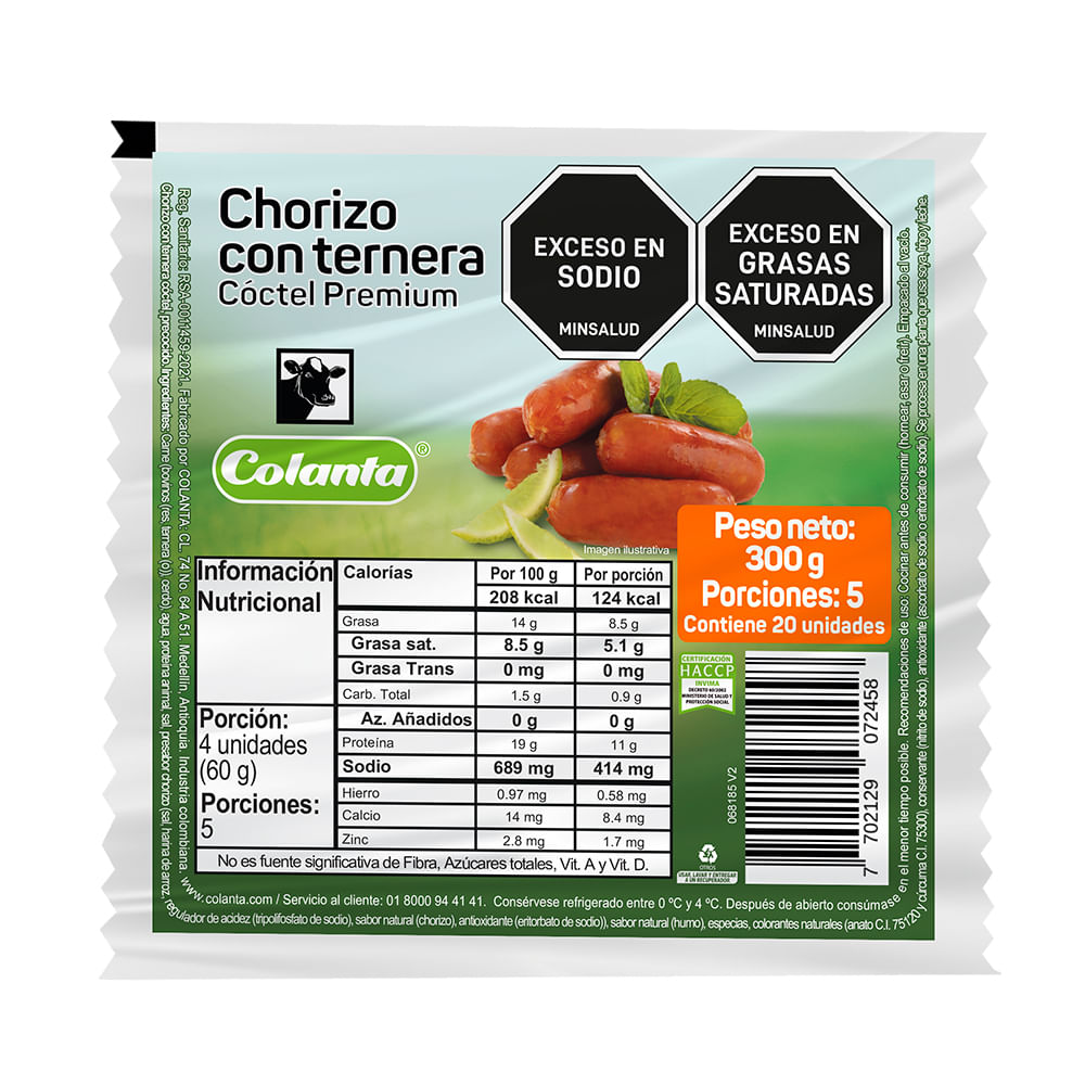 Chorizo con ternera Colanta coctel x20und x300g