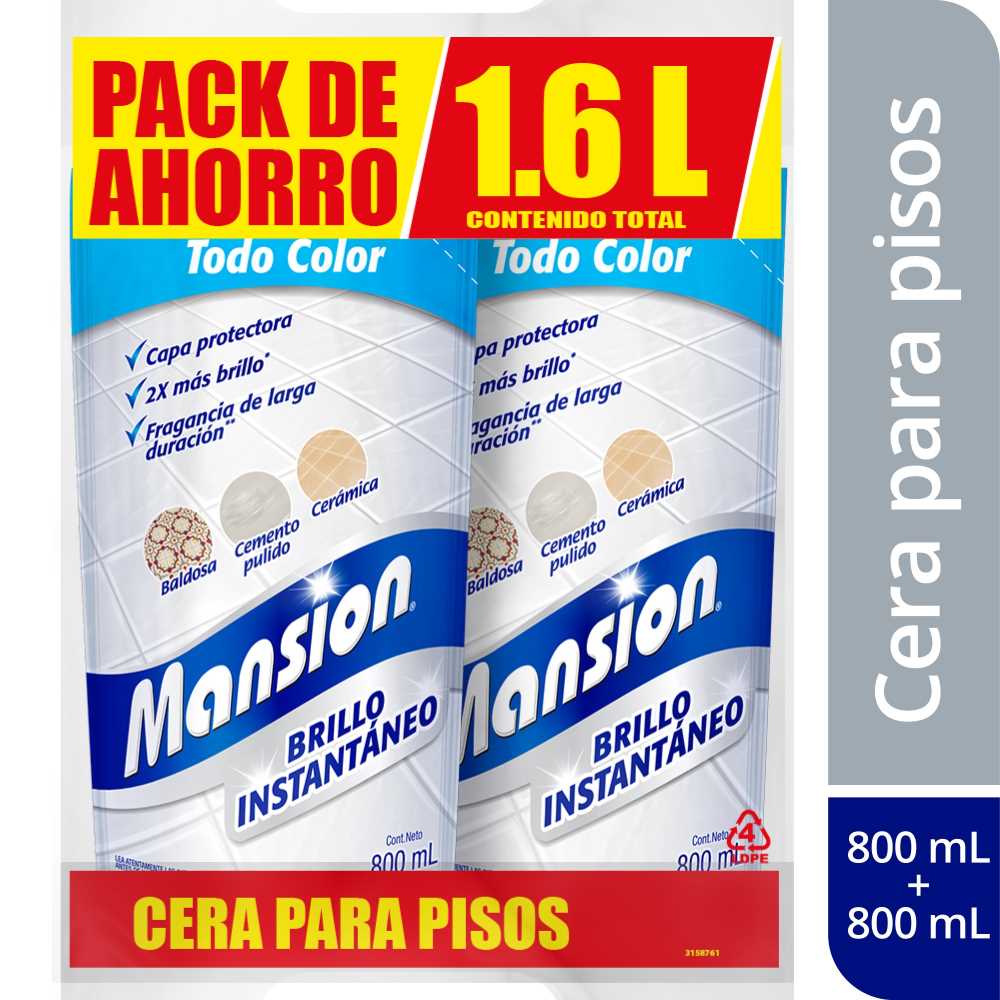 Cera para Pisos Mansion Brillo Instantáneo Todo Color x2und x800ml