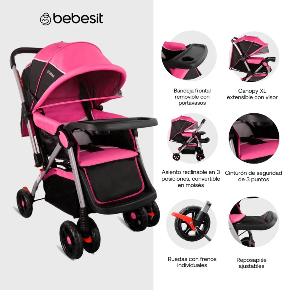Coche Reversible Napoli Bebesit Rosado