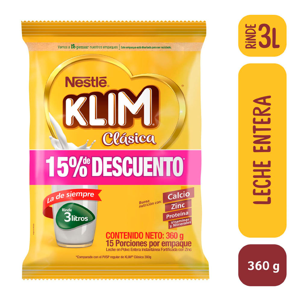 Leche Polvo Klim Clásica x360g 15% descuento - descontinuado