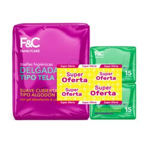 Toallas Higénicas Family Care Delgada Tela x30 Unidades + Protectores Diarios Anatómicos 2 Paquetes x15 Unidades.