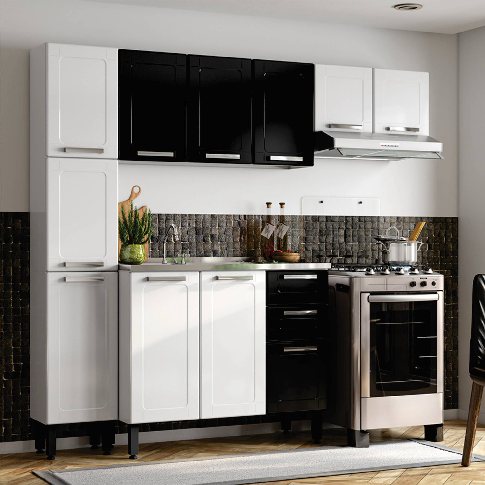 Cocina Integral Bertolini en Acero 2.10m Incluye Lavaplatos Color Blanco con Negro