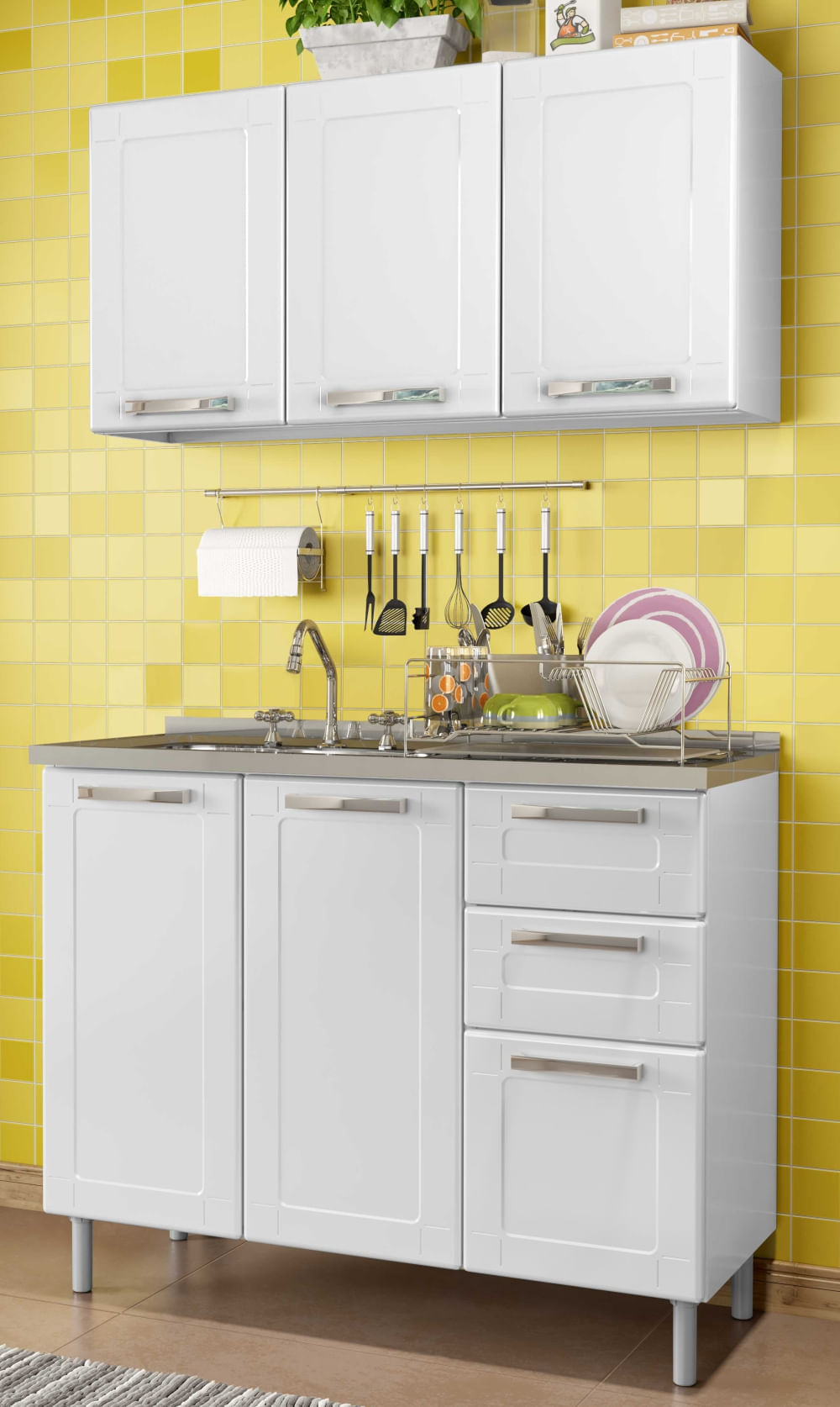 Cocina Integral 3 puertas en Acero 1.05m Incluye Lavaplatos Color Blanco