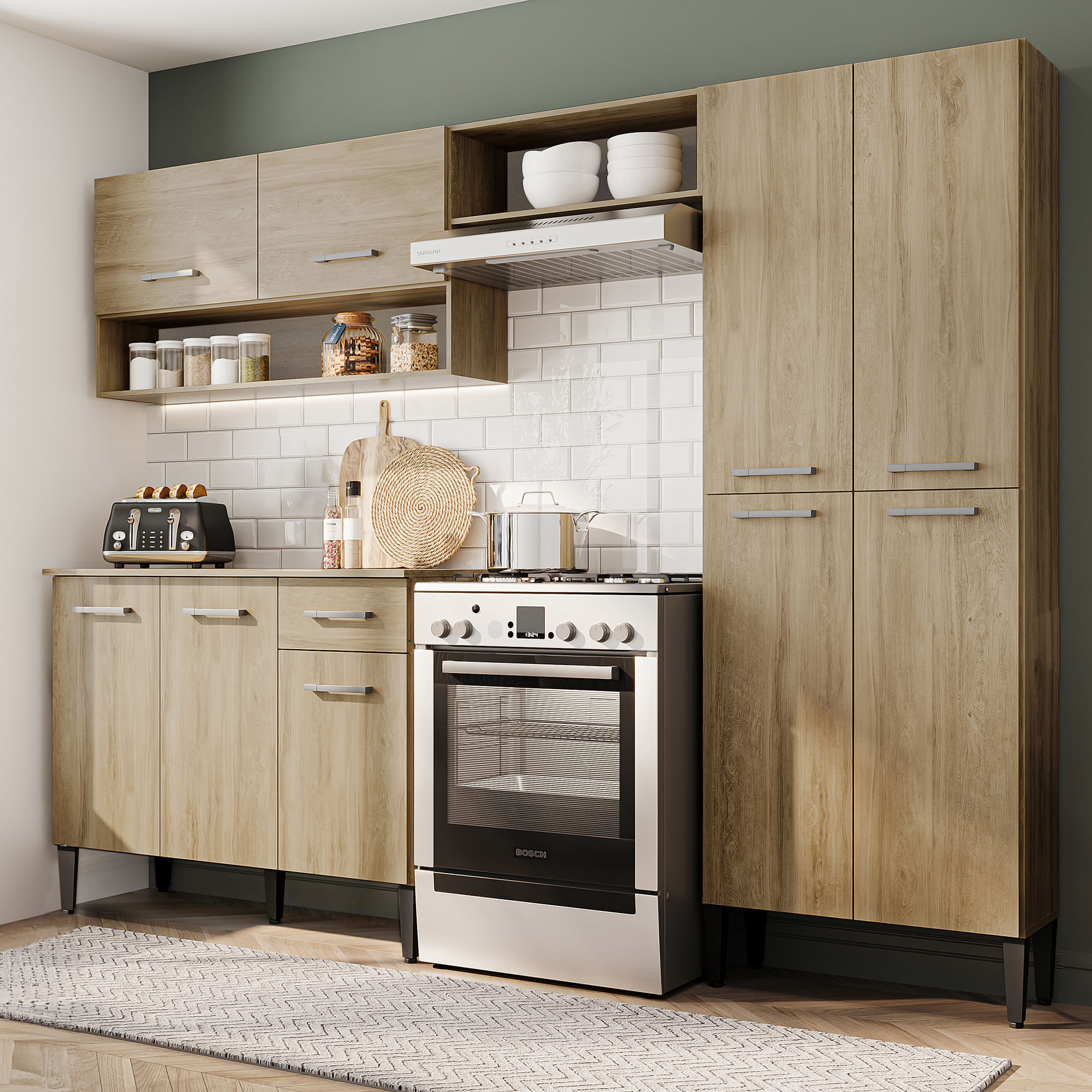 Cocina Integral en MDP 230cm con meson en MDP 9 puertas Roble